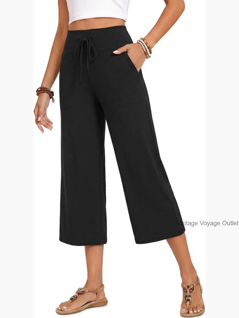 Wide Leg Cropped Pants High Waist Drawstring Casual Summer Trousers